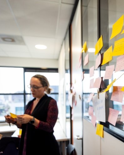 Tijdens een bijeenkomst worden post-it's geplakt